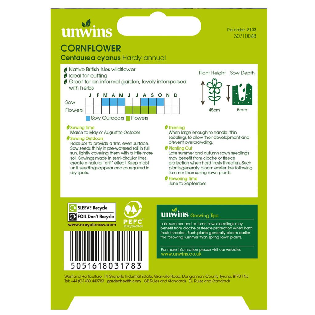 Unwins Centaurea Cornflower Wildflower Seeds 5051618031783 2